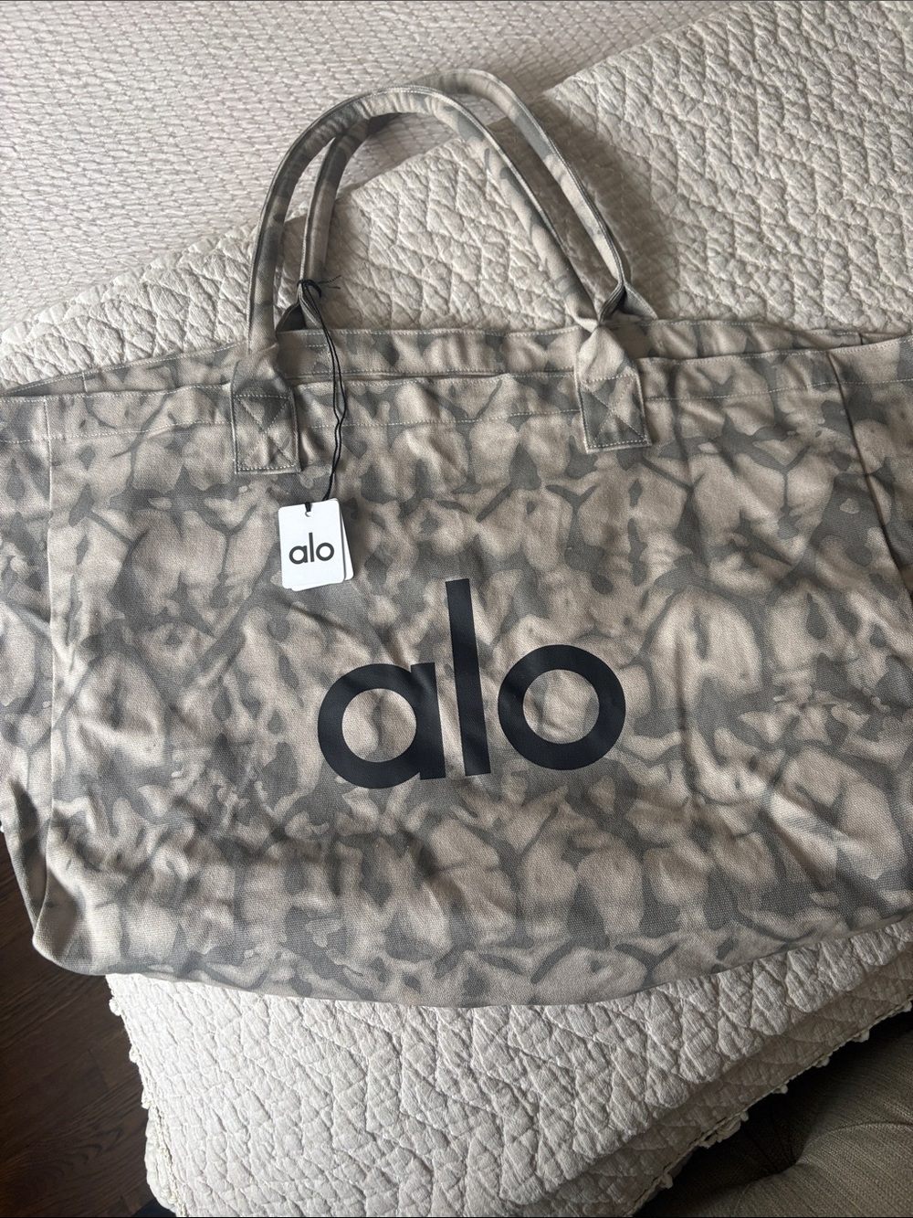 ALO Yoga Taupe Tie-Dye Canvas Tote with Black Logo